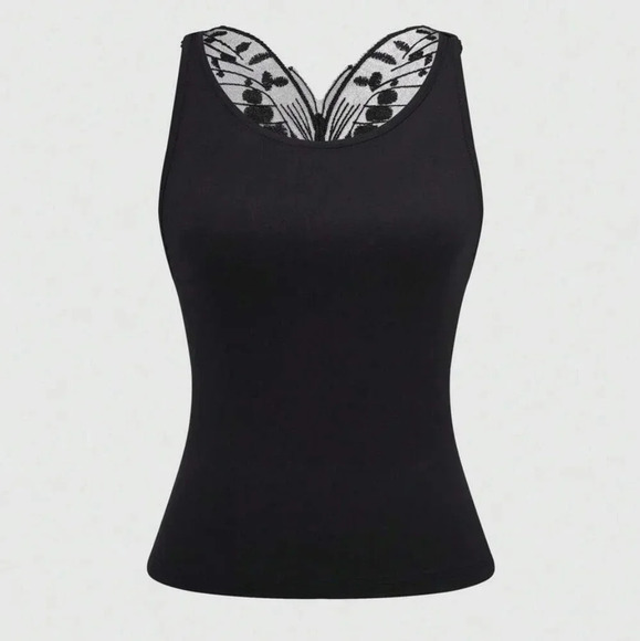 Women's Summer Butterfly Embroidery Mesh Insert Round Neck Sleeveless Tank Top - Picture 2 of 5